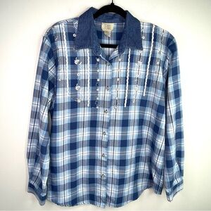 Vintage Teddi Blue Plaid Button-Down embroidered Shirt With Denim Collar